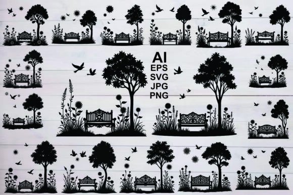 Bench in Park Vector Silhouettes Bundle: Graphics & Illustrations