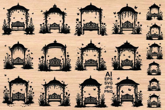 Black Silhouette Garden Gazebos Set: Editorial Graphics & Illustrations