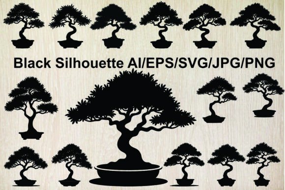 Bonsai Tree Silhouette Vector Set: Graphics & Illustrations
