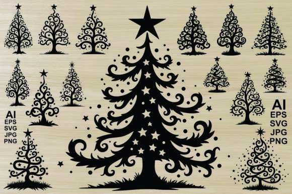 Christmas Tree, Black Silhouettes: Editorial Graphics & Illustrations
