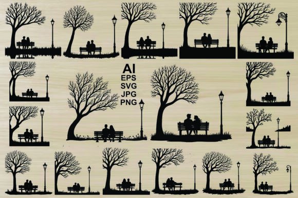 Couple Silhouette on a Park Bench Bundle: Graphics & Illustrations