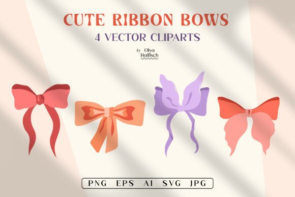 Cute Retro Ribbon Bows Vector Clipart: Graphics & Illustrations