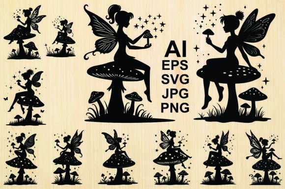Fairy Sitting on Mushroom Silhouette Graphics & Illustrations