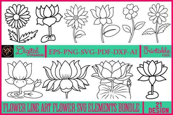 FLOWER LINE ART FLOWER SVG ELEMENTS BUND Graphics & Illustrations