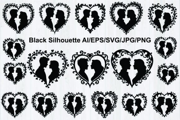Romantic Couple Silhouette Heart Frame: Graphics & Illustrations