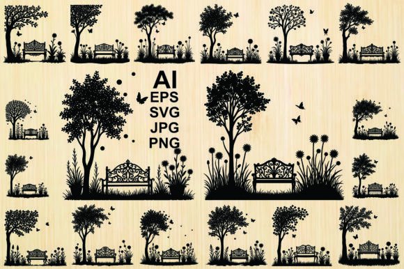 Silhouette Bench Tree Silhouette Vecto Graphics & Illustrations
