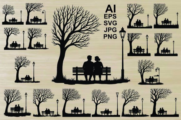Silhouette Couple on Park Bench Bundle: Graphics & Illustrations