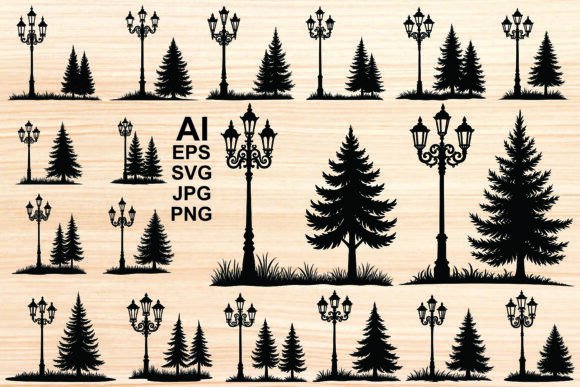Silhouette of Street Lights and Trees: Vintage Graphics & Illustrations
