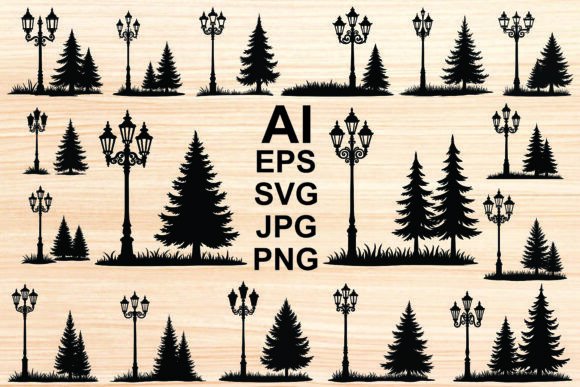 Silhouette Street Lamps and Trees Vector: Vintage Illustrations for Local Branding