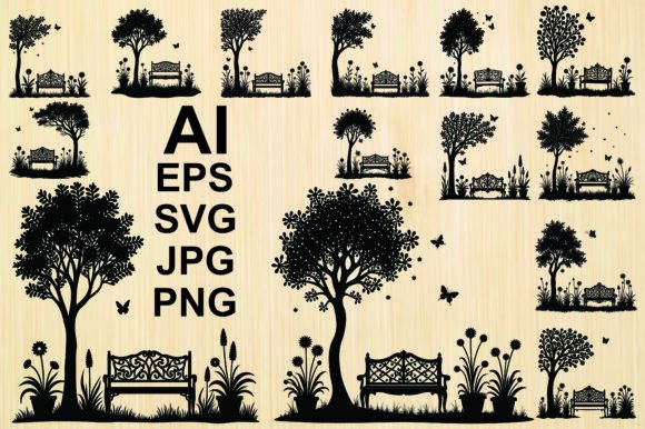 Tree with Bench Silhouette Vector Park Graphics
